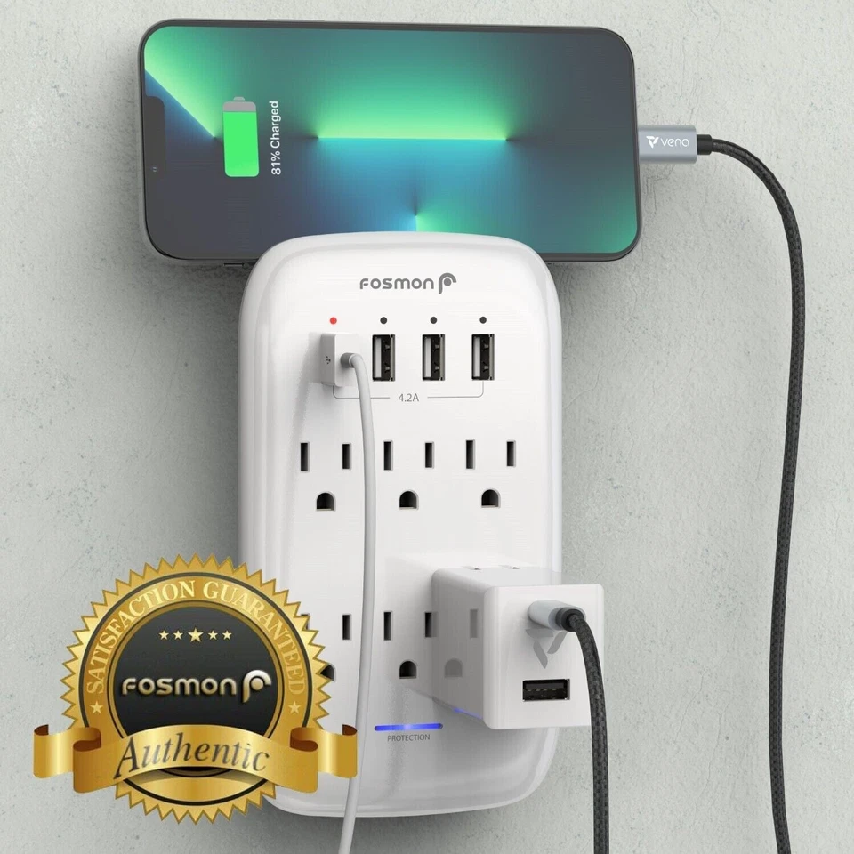 6 Outlet Extender 1225J Surge Protector With 4 USB Charger Port Wall Adapter Tap - Image 2 of 4