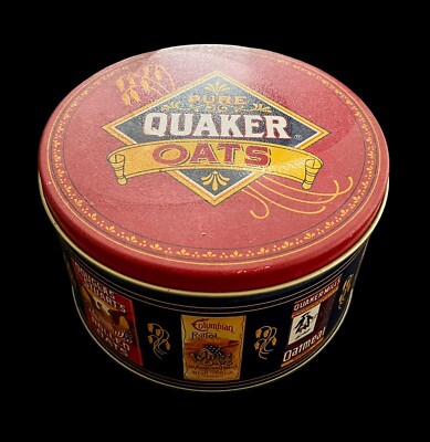 Vintage 1991 Pure Quaker Oats Advertising Tin with Oatmeal Cookie Recipe Empty