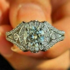 2Ct Round Cut Simulated Diamond Art Deco Engagement Ring 14K White Gold Plated