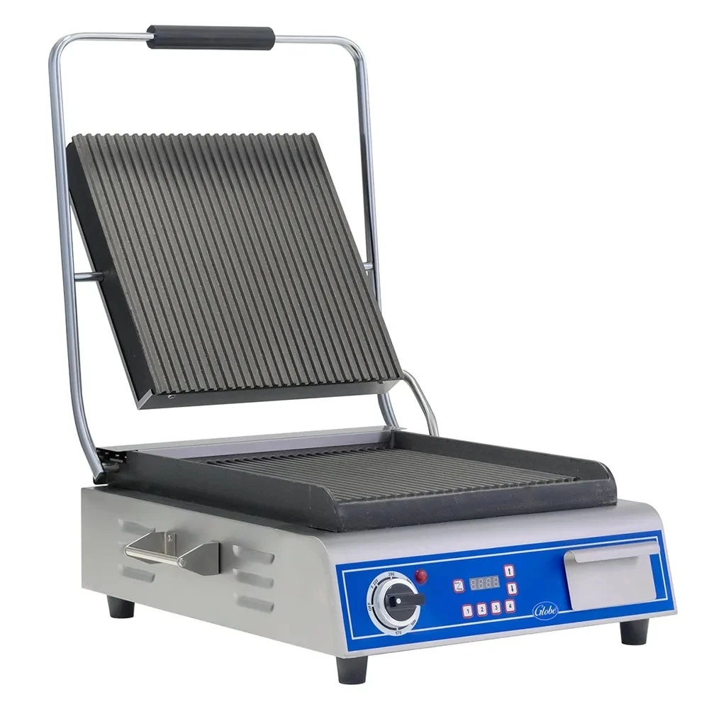 Globe Panini Grill GPG14D Commercial Grade Grooved Cast Iron Sandwich Press