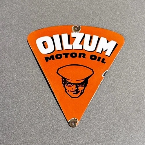 VINTAGE OILZUM WORCESTER PORCELAIN SIGN CAR GAS TRUCK OIL MOTORCYCLE