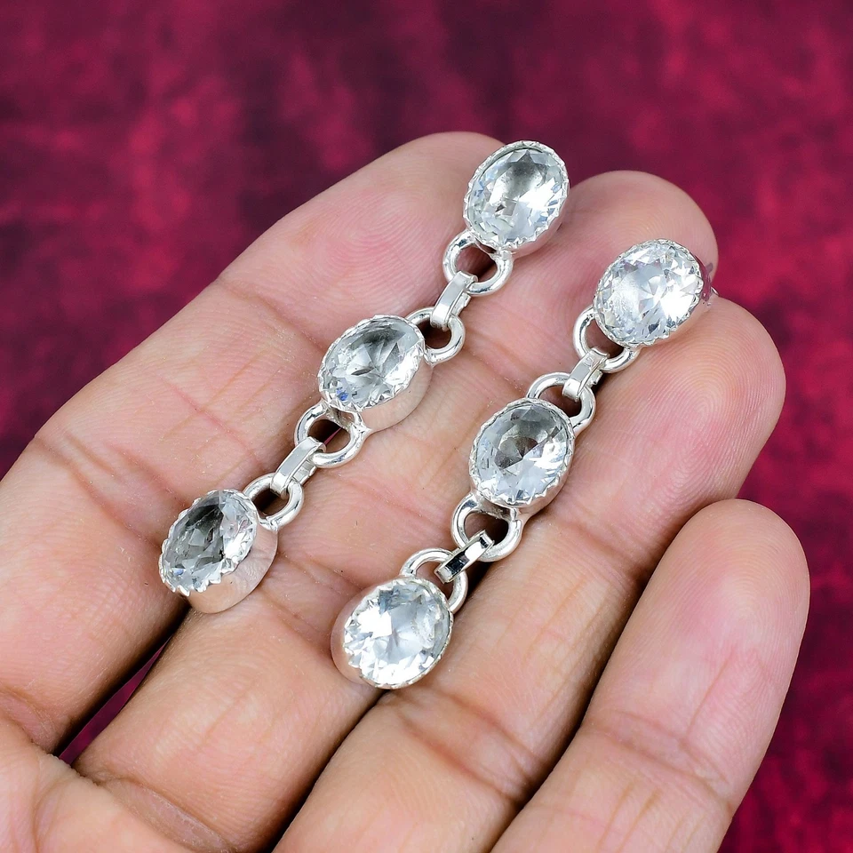White Topaz Gemstones Handmade 925 Sterling Silver Beautiful Earrings Jewelry - Image 2 of 4