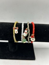 Christmas/Holiday Themed Beaded Stretch Bracelets Set Of 4 With Charms Boxed