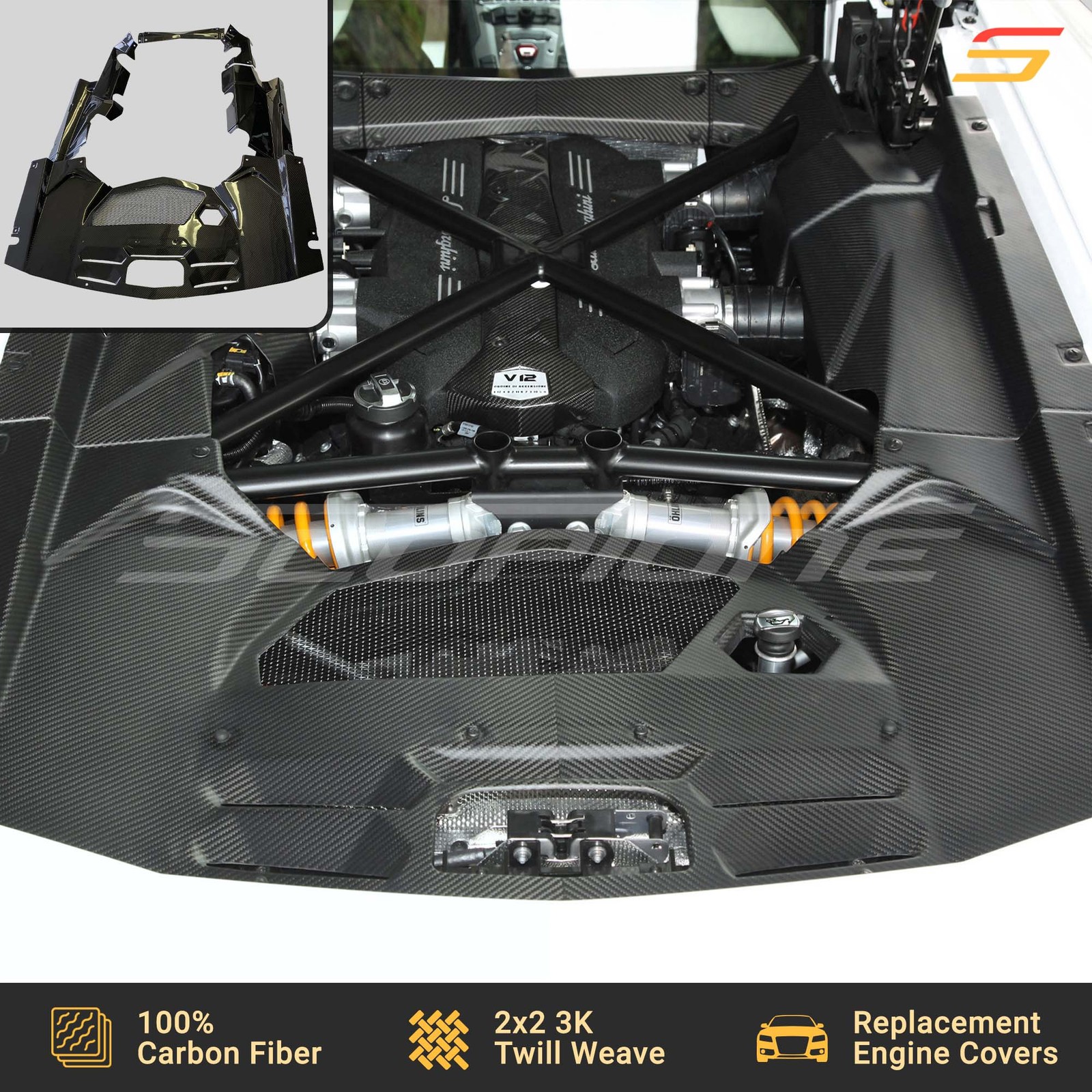 Scopione Carbon Fiber Engine Bay Covers Trim Kit for Lamborghini Aventador Coupe