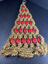 Vintage Green Macrame Christmas Tree Wall Hanging Red Beads 21" Long
