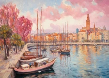 Impressionist Harbor Scene Wall Art Poster, Vibrant Seaside Decor