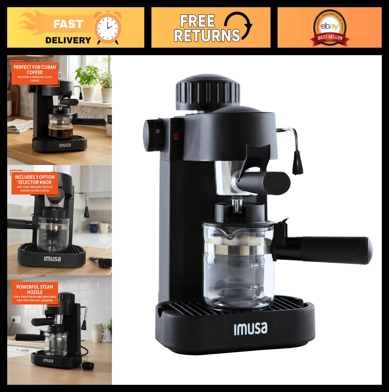 Electric Espresso Cappuccino Maker 4 Cup with Milk Frother - Home Barista Coffee