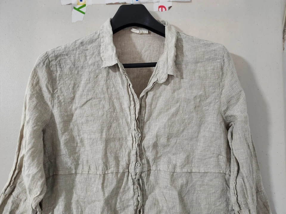 Poetry Dress Womens 12 Beige Mini Button Up Long Sleeve Shirt Shift 100% Linen - Image 3 of 4