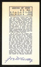 Joe McCarthy Yankees Autographed/Signed 3x5 Index Card JSA BA208524