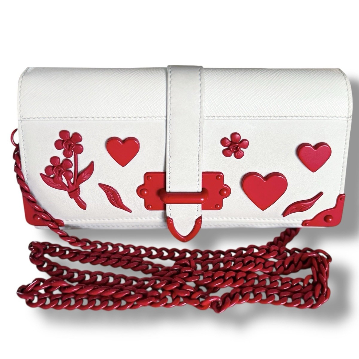 Prada Cahier WOC Valentine Heart Floral Applique White Saffiano