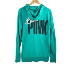 Victoria's Secret PINK Zip Up Hoodie sz L Teal Love PINK Graphic Y2K