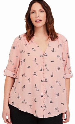 Torrid Pink Paris Graphic Print V-Neck Button Front Georgette Blouse 2XL
