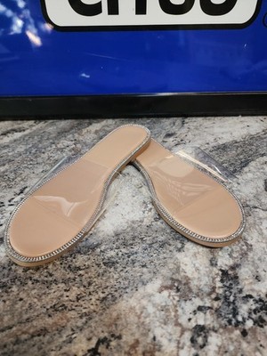 Womens Transparent Flat Slide Sandals with Clear Strap & Delicate Rhinestone S 9