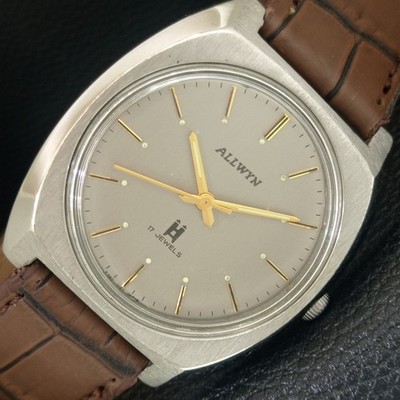 HAND-WINDING VINTAGE ALLWYN 6300A INDIAN MENS GREY COLOR DIAL WATCH a703969-1
