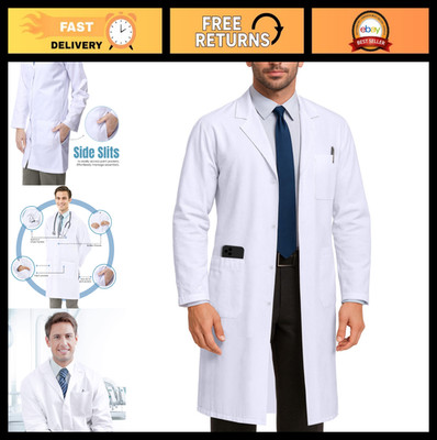 Professional White Lab Coat for Men - Long Sleeve Medical Uniform, Healthcare Ap