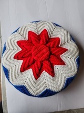 Vintage Round Crochet Pillow Groovy 1970's Double Sided 12" Red White Blue