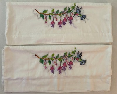 2 x White Queen Pillowcases Embroidered with Hummingbirds and Flowers