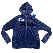 New FILA Velour Women  s Large Marlin Blue Hooded Sweatshirt 1/4 Zip Activewear