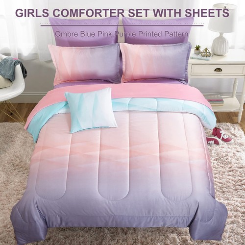 Girls Comforter Set Queen Size Colorful Ombre Blue Pink Purple Rainbow Beddin... - Picture 3 of 7