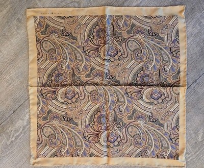 Robert Talbott  Pocket Square Silk Designer Tan Black Brown 17  Handkerchief 