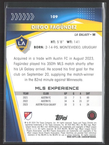 Diego Fagúndez 2024 Topps Chrome MLS #109 - Picture 2 of 2