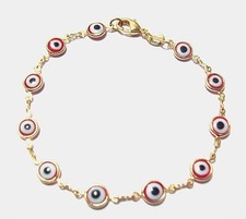 14K GOLD PLATED RED EVIL EYE LUCKY BRACELET 7.25" / PULSERA DE BUENA SUERTE  1