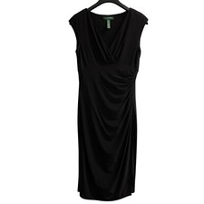 Lauren Ralph Lauren Dress  10 Black Jersey Knit V Neck Babydoll Midi Slit Event