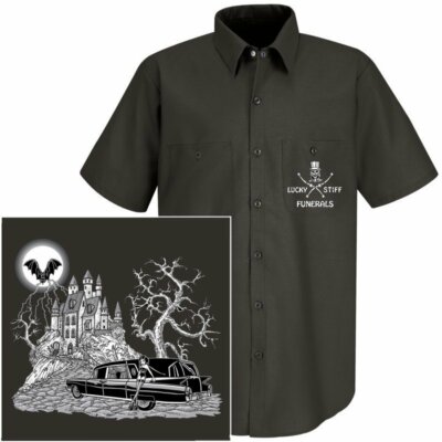 LUCKY STIFF FUNERAL VAMPIRE CASTLE GOTHIC GIRL HEARSE SKULL UNDERTAKER WORKSHIRT