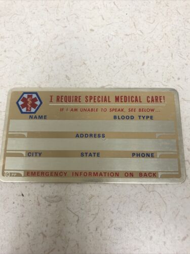 New Vintage METAL Special Medical Care  Emergency Card USA - Afbeelding 1 van 6