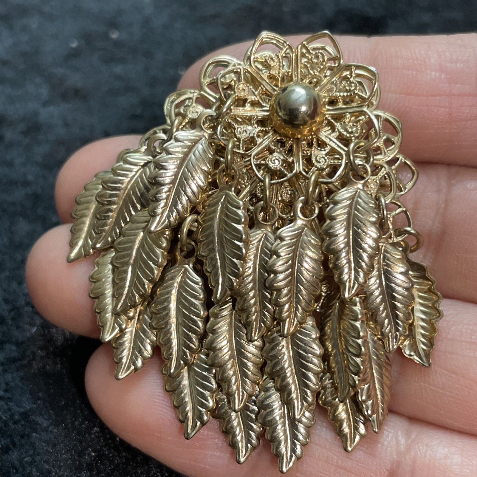 Vintage Rare Gold Tone Three-layer stereo 21 Leaves Dangle Earrings Clip 2 Inch image 7