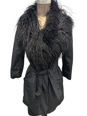 Vtg 60s Black Watered Silk Moire Jacket W/ Feathers & Skirt Elite III By Luba Sm