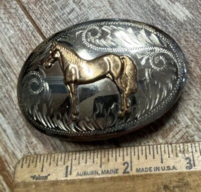 Vintage Comstock Silversmith Belt Buckle Horse Tooling 3  