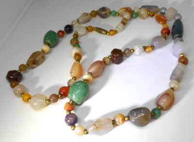 Vintage Beaded Agate Gemstone Necklace from India ''Beggar's Beads'' 33'' w/label