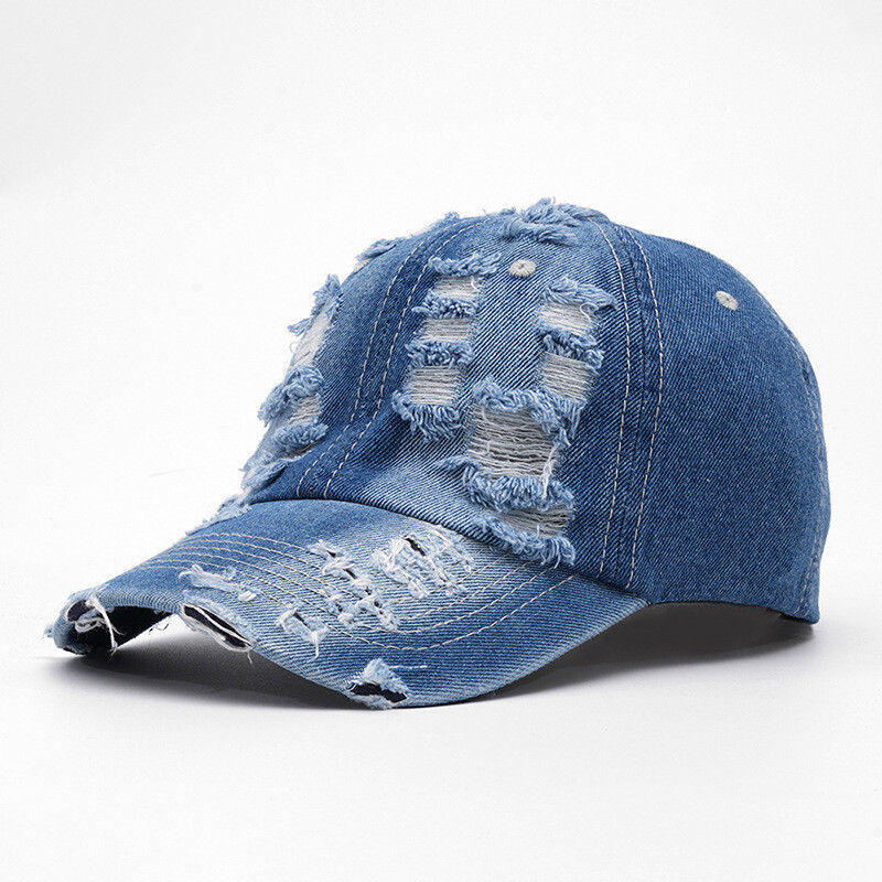 Men Retro Distressed Hole Denim Baseball Cap Adjustable Trucker Sun Hat  Fashion