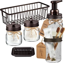 6-PC Mason Jar Bathroom Accessories Set - Rustic Farmhouse Decor (BRONZE)