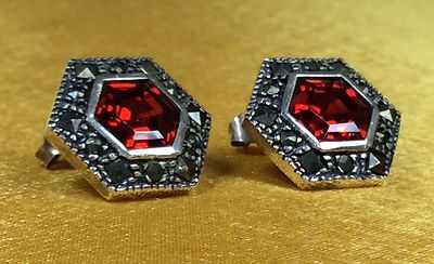 925 Sterling Silver Red Ruby/marcasite Gemstone Stud Earrings Fine Earrings