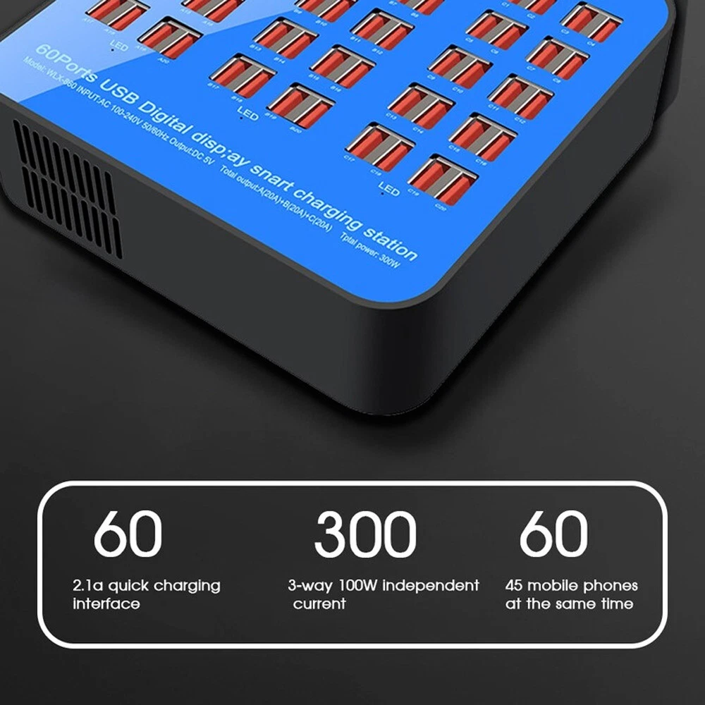 60-Port 300W Fast USB Hub Charger for Phones and Devices