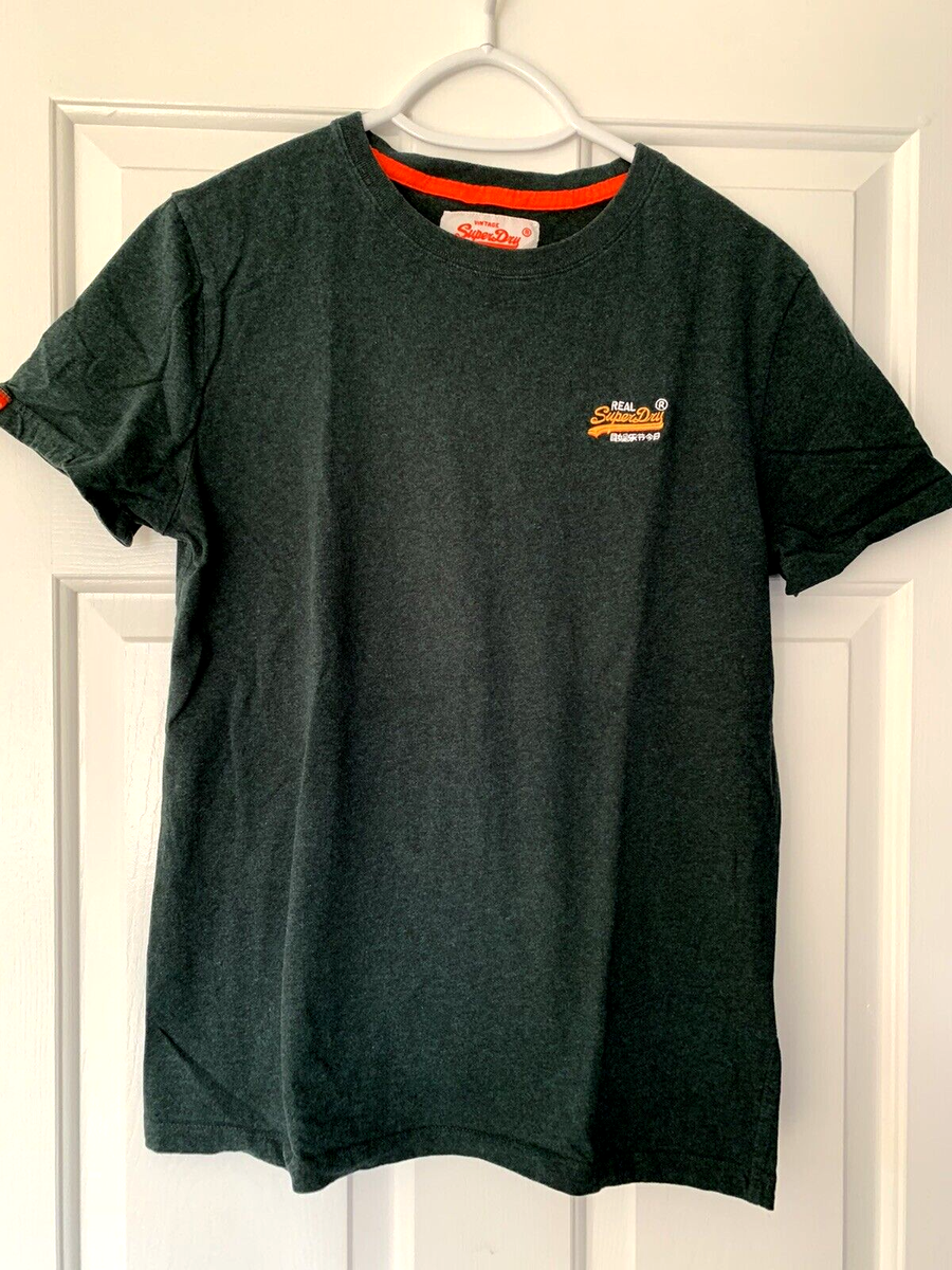 Vintage Mens Superdry Orange Label T Shirt Dark Green Embroidered Logo Large
