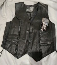 NWT USA Bikers Dream Apparel Women's Black Leather Vest Sm Straps Braided Grunge