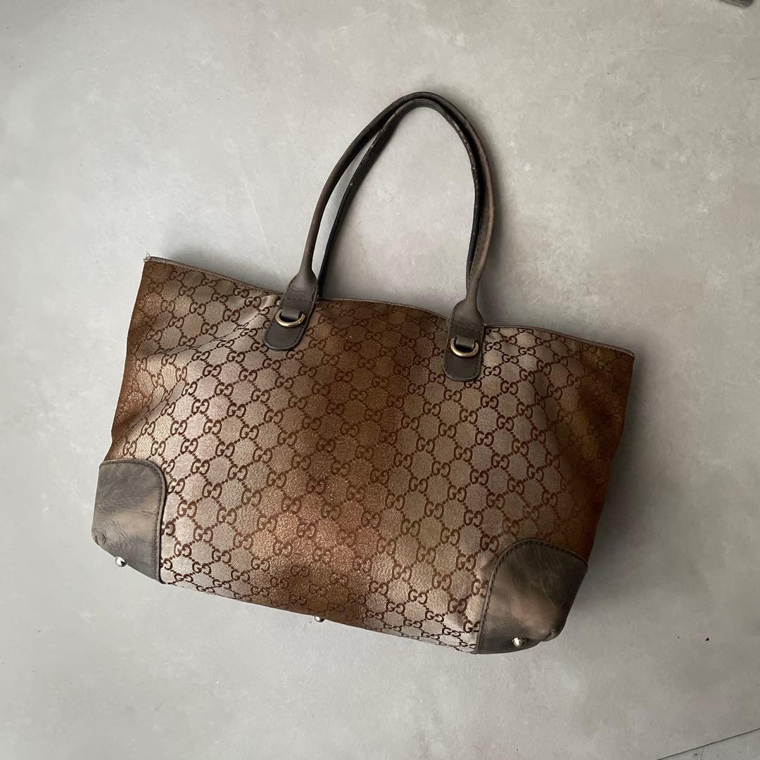 GUCCI Canvas Leather Tote Bag GG Brown C-260113-4