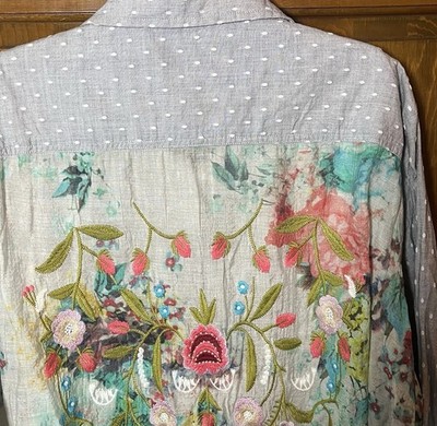 John Mark Top 3X Gray Embroidered Floral Back Blouse Boho Flowy Artsy Peasant