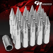 JDM SILVER 20PCS M12X1.5 20MM OD 107MM TALL ALUMINUM LUG NUTS SPIKED CAP+ADAPTER