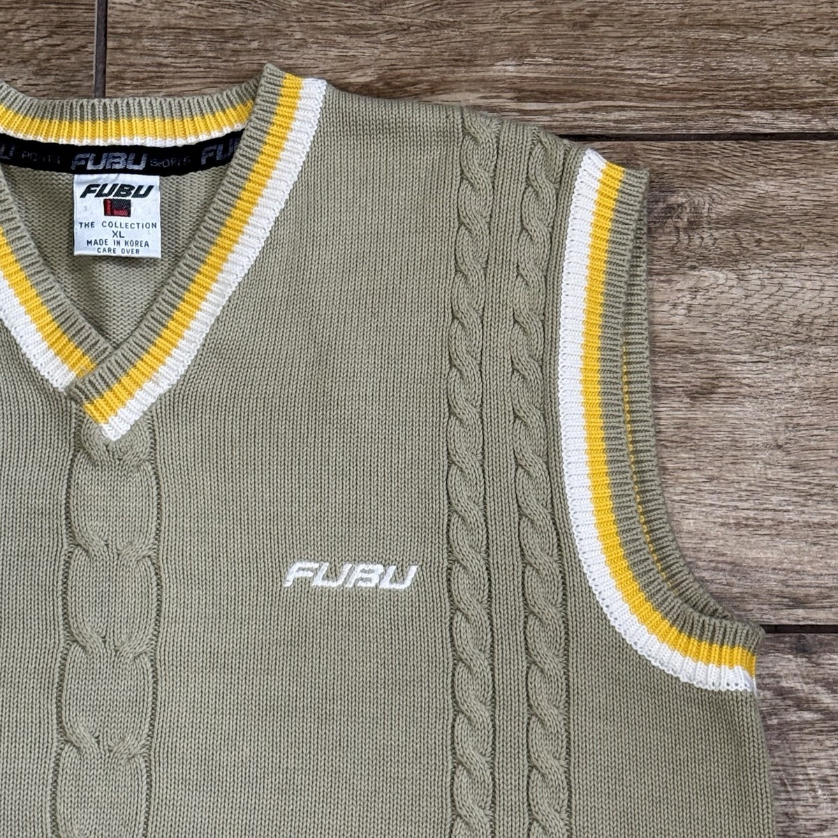 Y2K FUBU Sweater Vest Cable Knit XL Tan Khaki Preppy Hip Hop