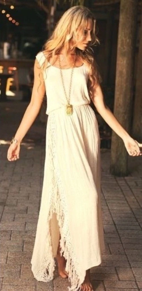 PALM ANGELS RARO Maxi Abito Jen’s Pirate Booty Boho Avorio con Frange Coscia Spacco Laterale Alto S