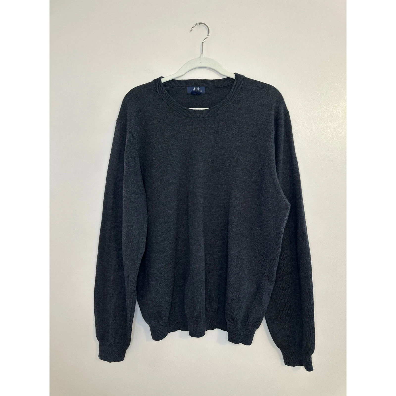 Brooks Brothers Mens Strech Charcoal Grey Merino Wool Blend Crew Sweater Large