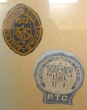 2 X Unknown Vintage Cloth Patch School ? P.T.C. Study In Mores Abevnt Adderstone