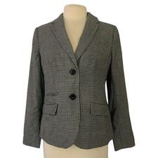 Talbots Petites Houndstooth Blazer Jacket 12P Black White Wool Blend Business