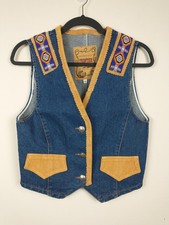 Frontier Collection Vest Womens Medium Blue Denim Beaded Western Made In USA