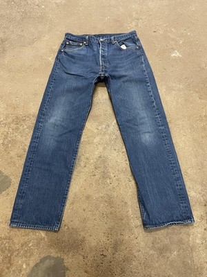 Levis 501 Jeans Mens 35x31 Medium Wash Blue Straight Leg Button Fly Distressed