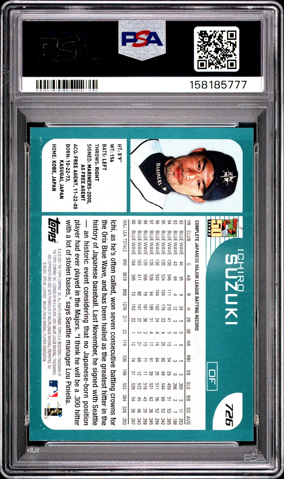 2001 Topps #726 Ichiro Suzuki PSA 9 view 2